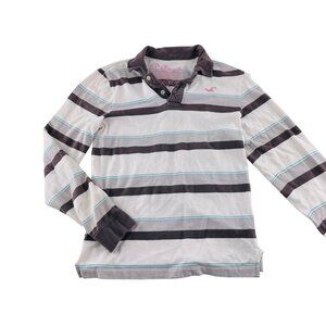 Hollister Mens Long Sleeve Striped Polo Shirt M 100% Cotton Gray/White